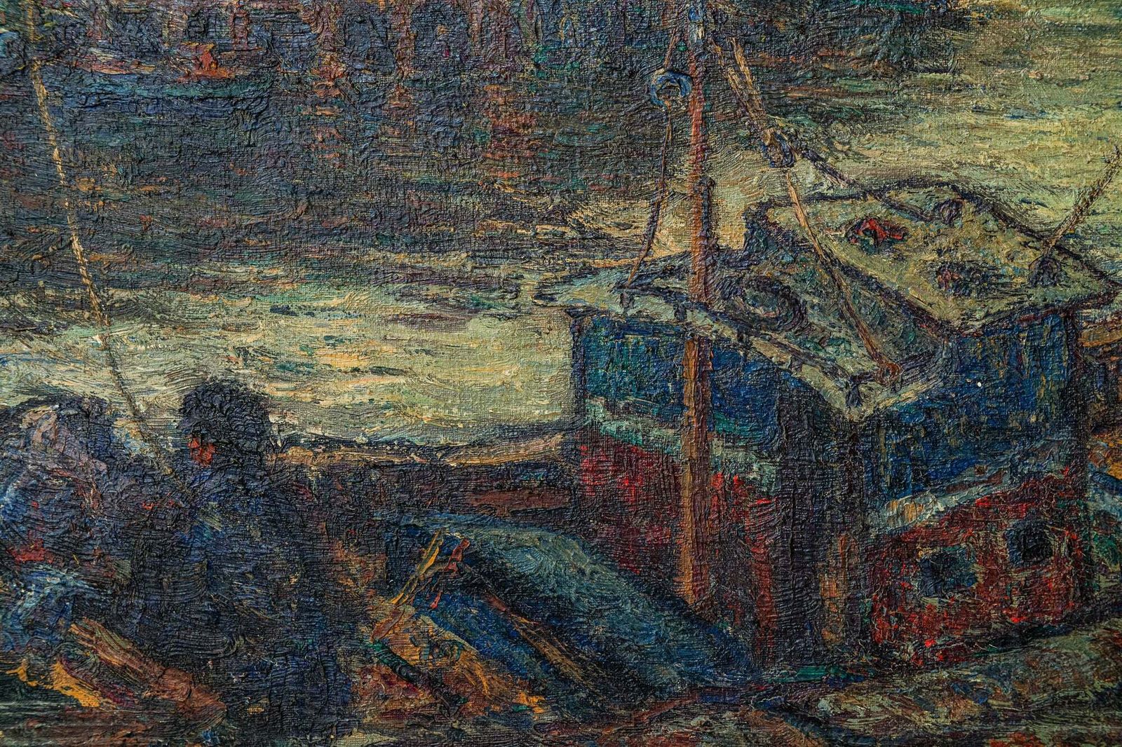 Atmospheric Signed Impressionist Oil Of Barges In A Port photo for sale