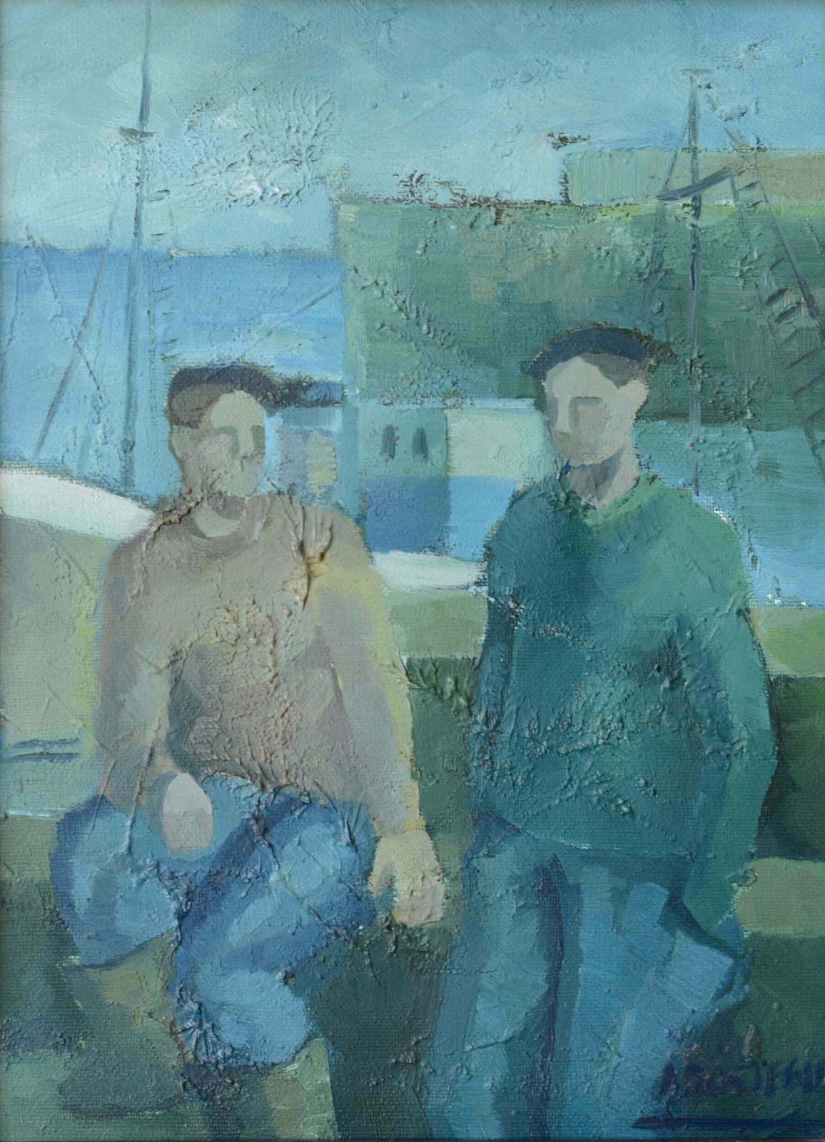 Two Fishermen   Cubist Influenced Oil   Jose Ramon Arostegui