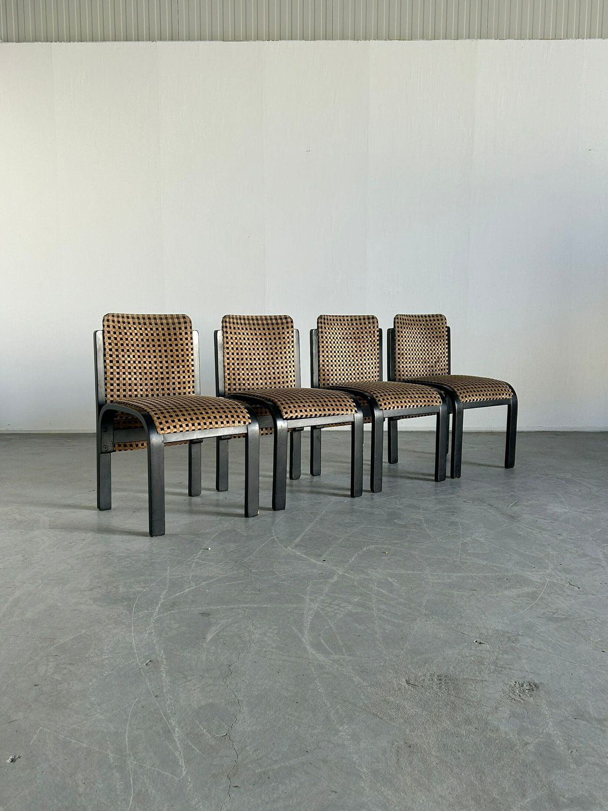 Set Of 4 Italian Sculptural Lacquered Bentwood Dining Chairs, Geometric Pattern Velvet, In Style Of Pierluigi Molinari, 1970s Italy photo Furniture