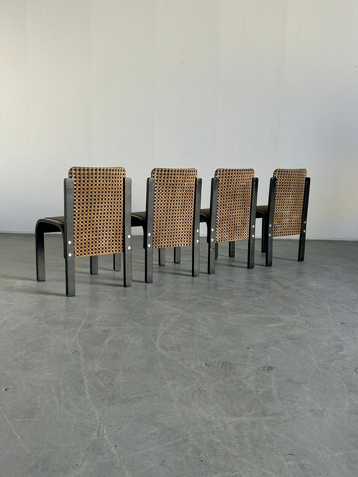 Set Of 4 Italian Sculptural Lacquered Bentwood Dining Chairs, Geometric Pattern Velvet, In Style Of Pierluigi Molinari, 1970s Italy photo 1286.0