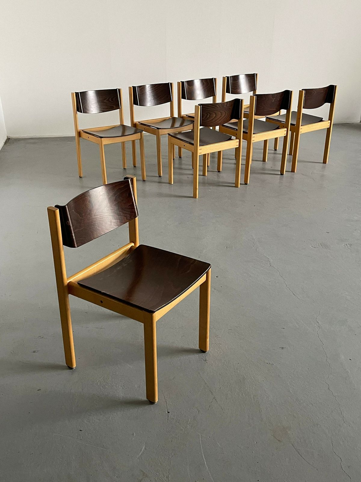 1 Of 8 Mid Century Modern Bentwood Stackable Dining Chairs Or Visitor Chairs In The Style Of Roland Rainer, Beech And Stained Plywood, 1970s photo Furniture