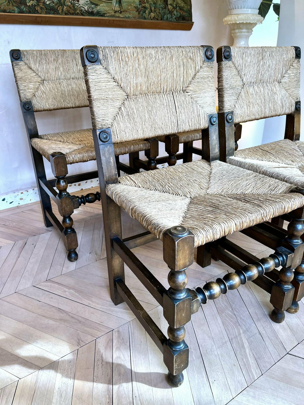 Set Of Four 1950s French Rush & Carved Oak Dining Chairs photo furniture