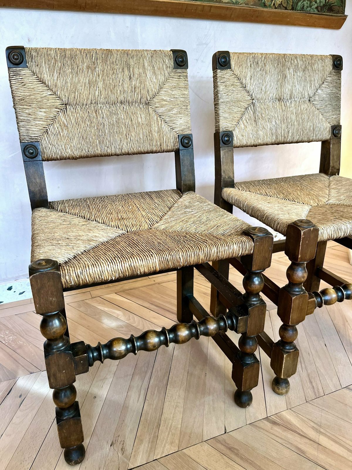 Set Of Four 1950s French Rush & Carved Oak Dining Chairs photo 744.0