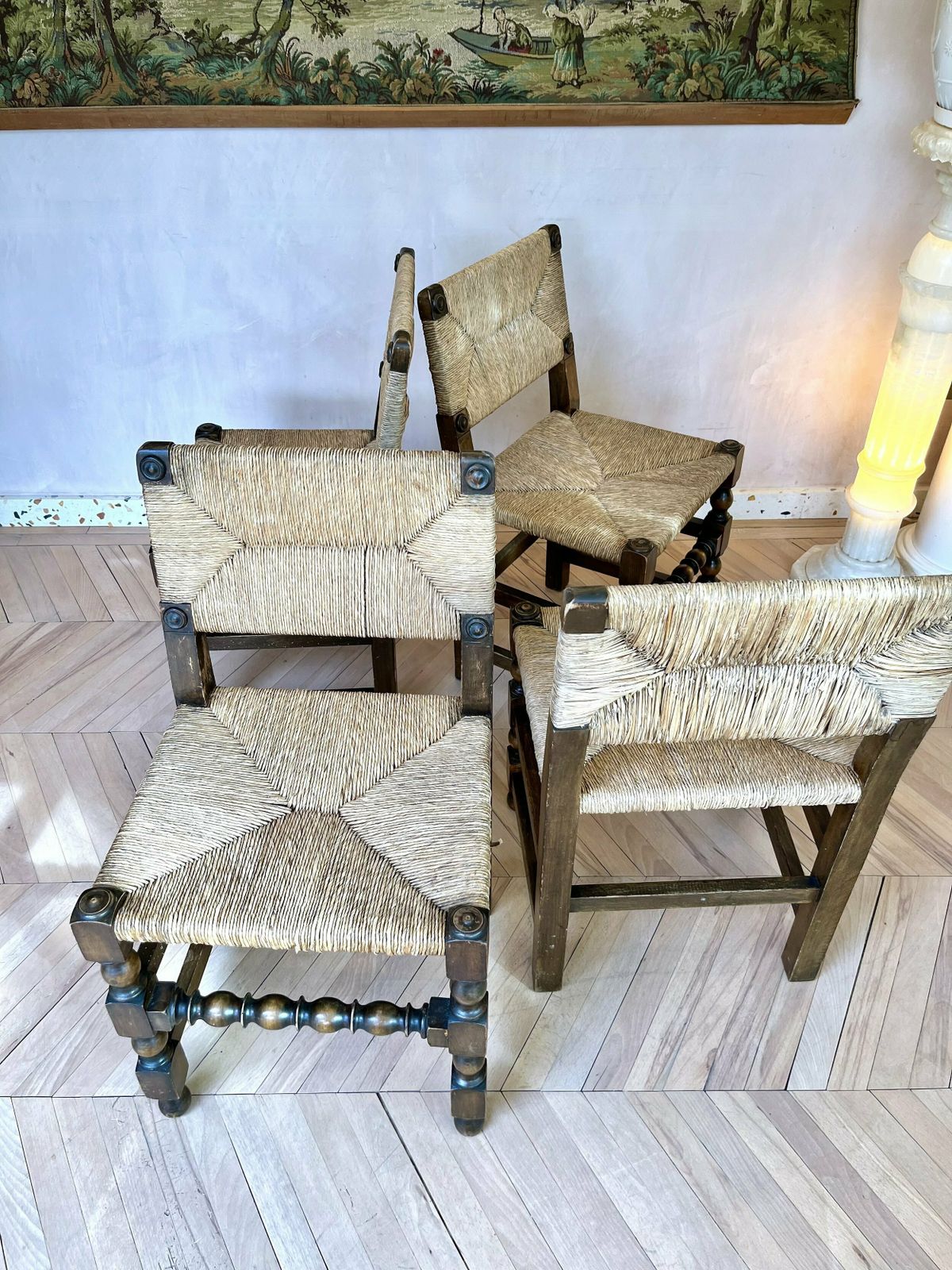 Set Of Four 1950s French Rush & Carved Oak Dining Chairs photo buy