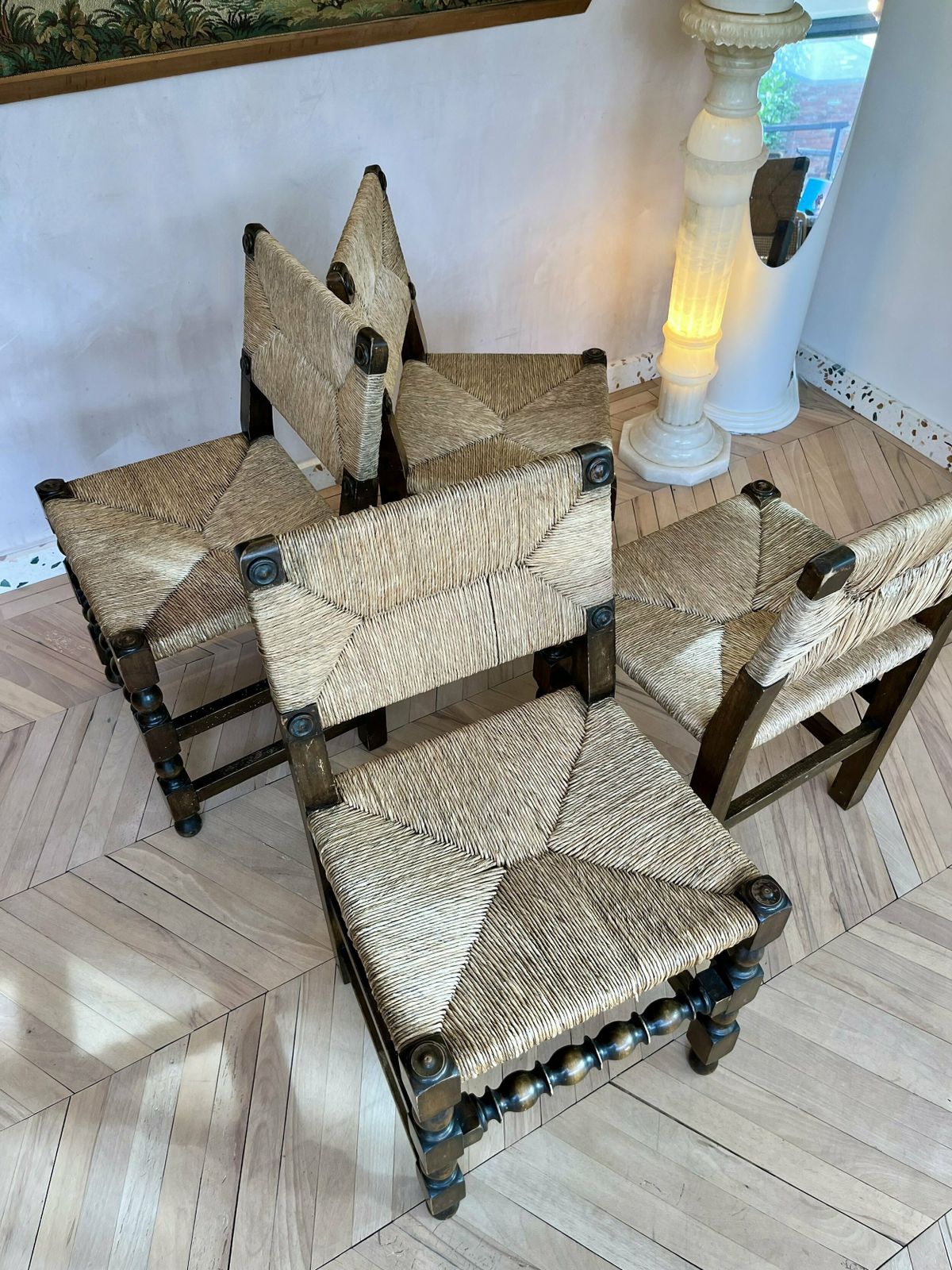 Set Of Four 1950s French Rush & Carved Oak Dining Chairs photo vintage