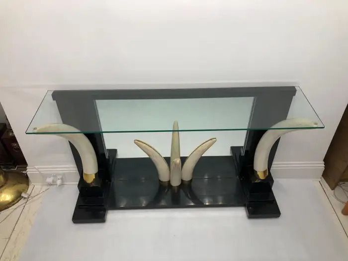 Versailles Collection Elephant Faux Tusk Ebony Console Glass Top With Mirror1970s photo furniture