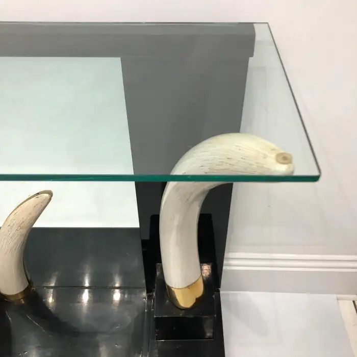 Versailles Collection Elephant Faux Tusk Ebony Console Glass Top With Mirror1970s photo vinterior