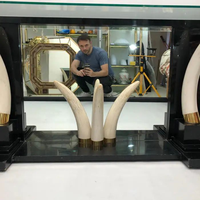 photo for sale Versailles Collection Elephant Faux Tusk Ebony Console Glass Top With Mirror1970s