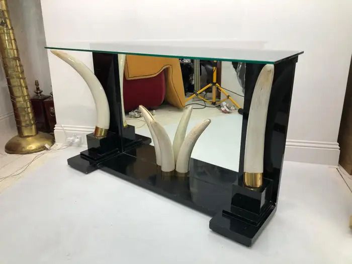 photo buy Versailles Collection Elephant Faux Tusk Ebony Console Glass Top With Mirror1970s