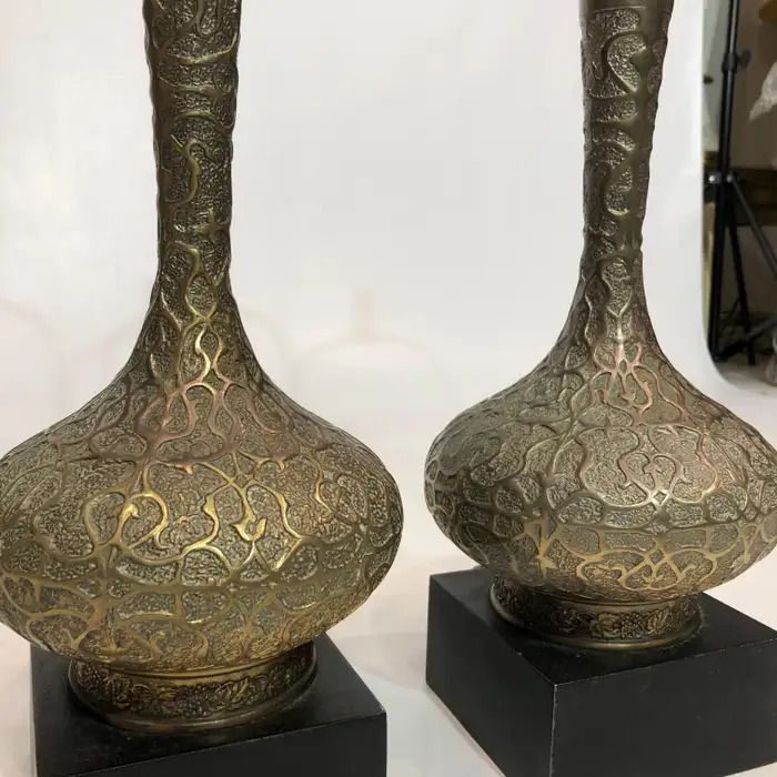 Pair Of Brass Oriental Style Table Lamps Mid Century 1960s Hollywood photo vinterior