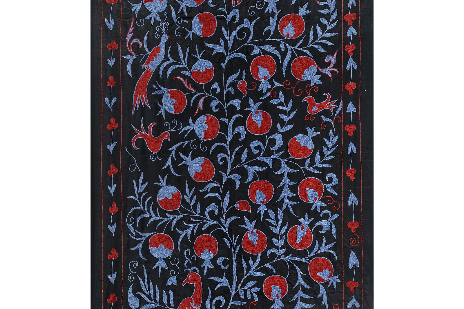 Vintage Folk Art Pictorial Silk Suzani From Uzbekistan, Tree Of Life Samarkand Suzani Tablecloth, Bird Wall Hanging Tapestry 103 X 187 photo furniture