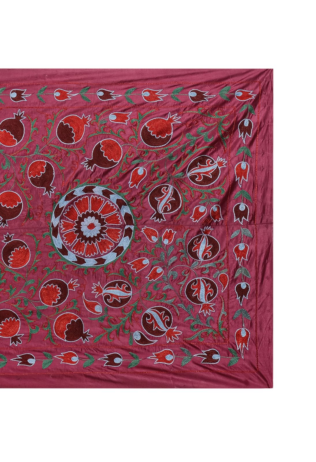 Silk Suzani Table Runner With Pomegranate Design, Red And Blue Samarkand Wall Decor 93 X 195 photo 315.0