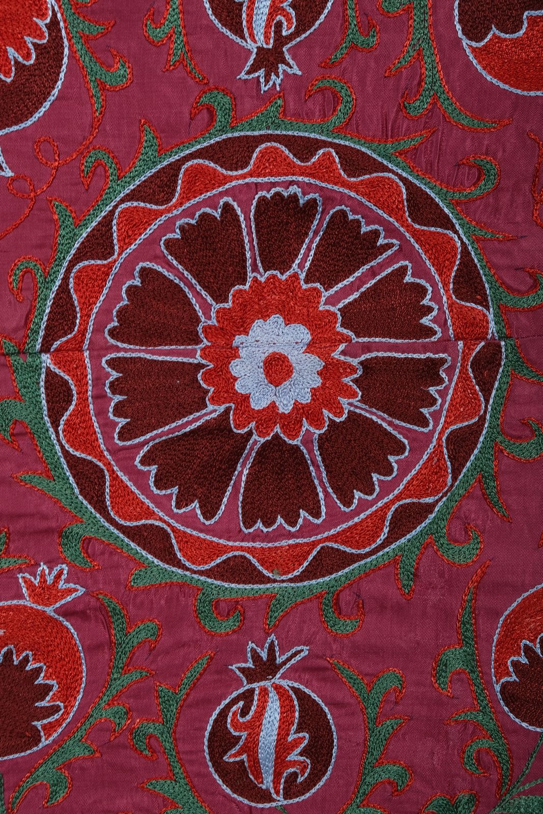 photo furniture Silk Suzani Table Runner With Pomegranate Design, Red And Blue Samarkand Wall Decor 93 X 195