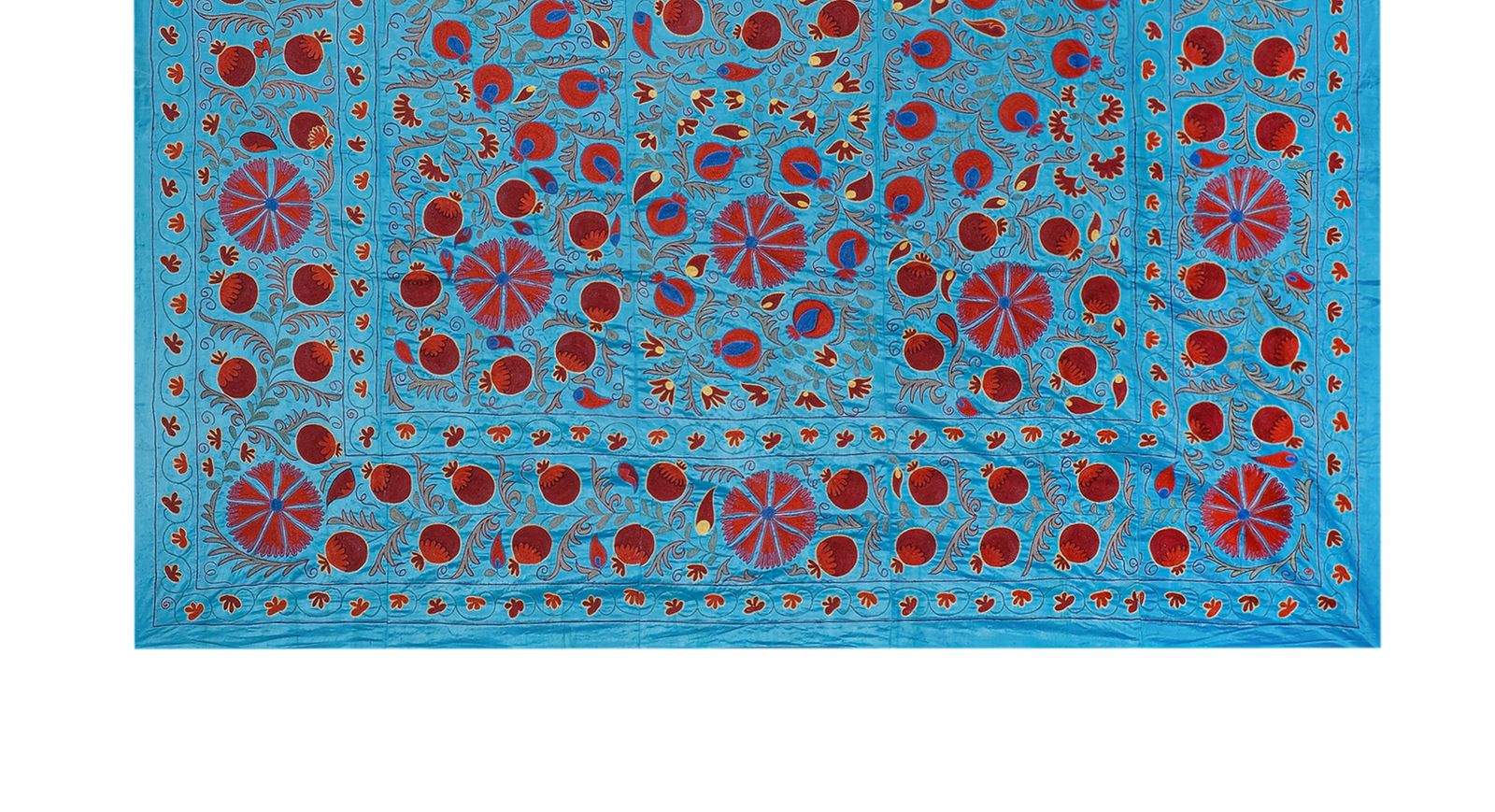 Silk Suzani With Floral Design, Blue And Raspberry Red Suzani Wall Hanging Decor, Bukhara Bedspread 256 X 305 photo vinterior