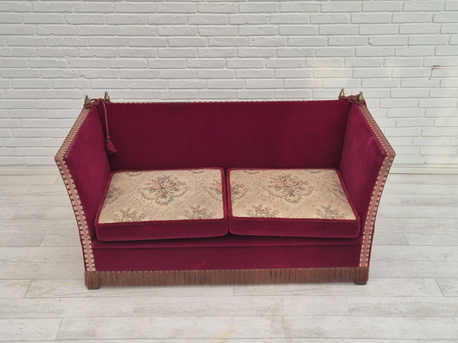 1960s, Danish Velour 2 Seater Drop Arm Sofa, Velour, Original Condition. photo for sale