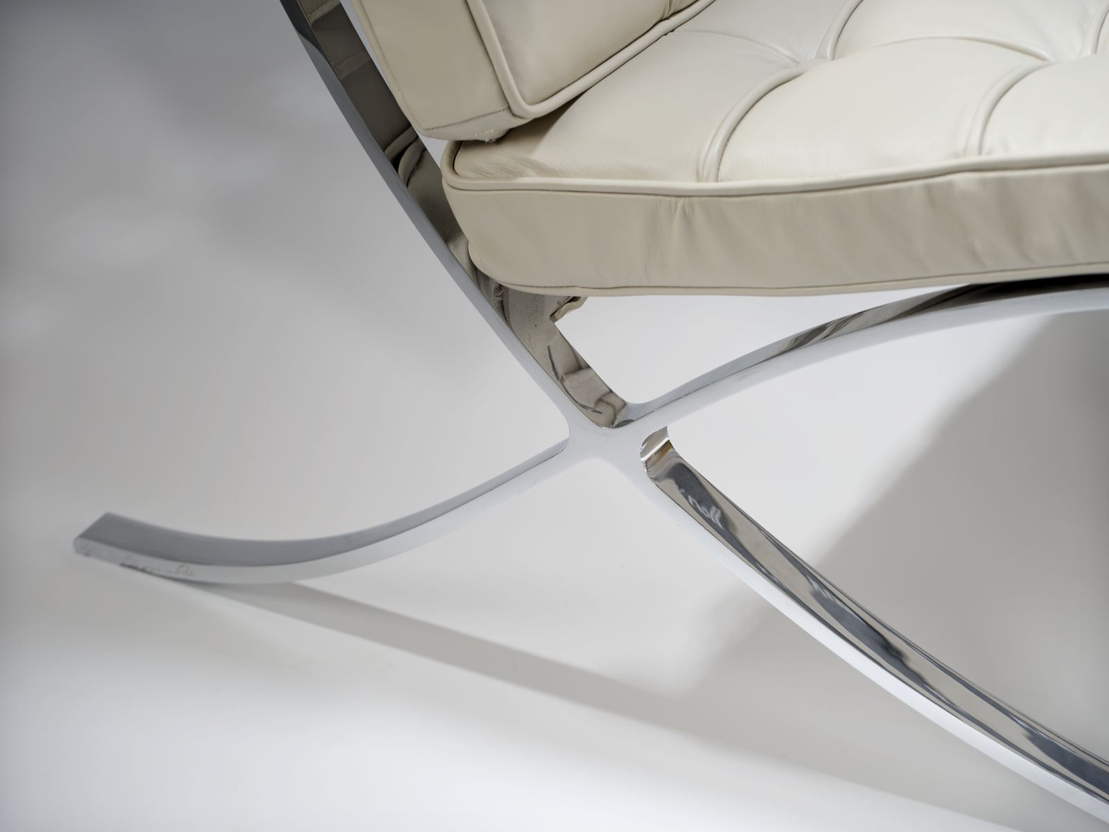 photo furniture Exquisite, Fully Restored Iconic Genuine Barcelona Chair & Ottoman By Mies Van Der Rohe For Knoll Inc, Stunning Italian Ivory Leather, USA Circa 2001.