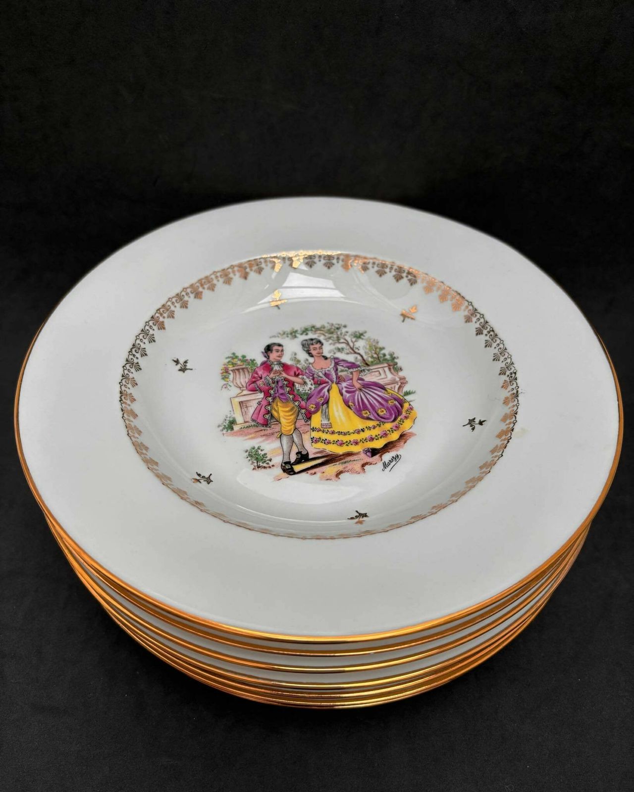 photo furniture Porcelain Limoges Dinnerware Scene Gallant Soup/Pasta Plates Set 6 Scene Galante Discontinued Replacement White Golden Rim Romantic