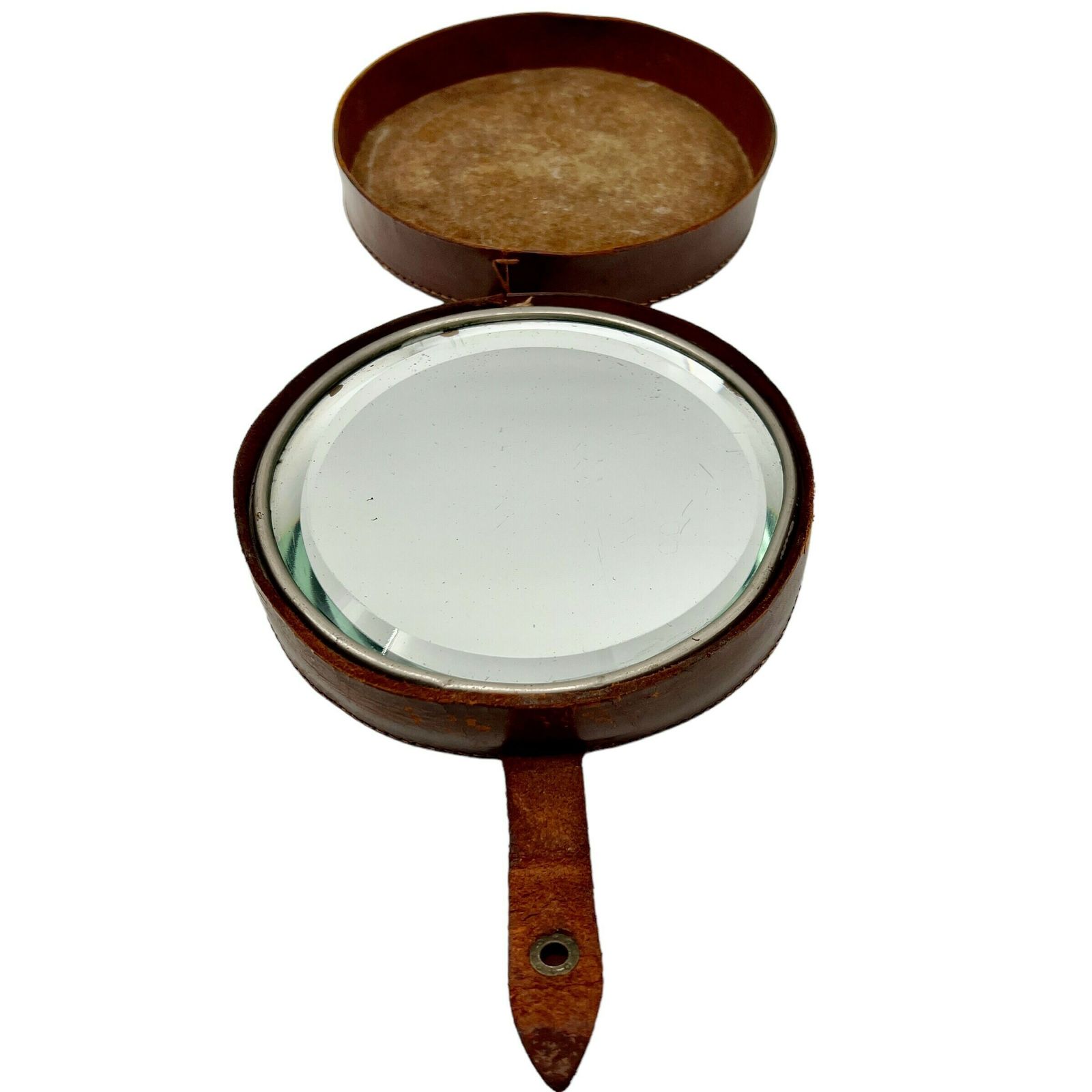 Antique Circular Bevelled Campaign Shaving Mirror In Leather Case   Military