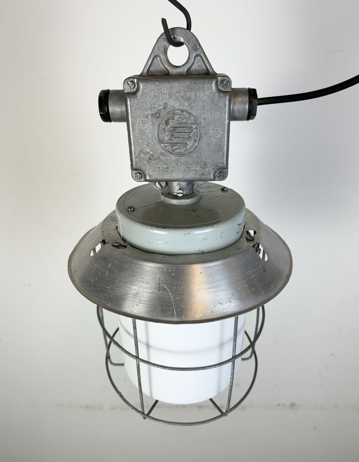 Industrial Aluminium Cage Light With Milk Glass From Elektrosvit, 1970s, 30x photo for sale