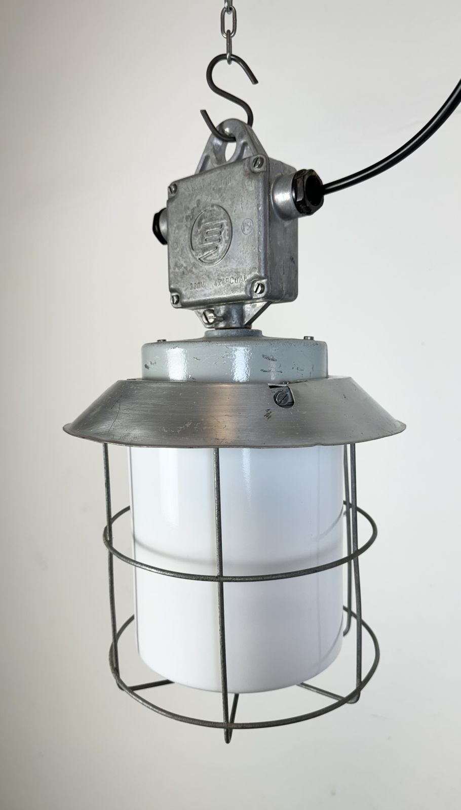Industrial Aluminium Cage Light With Milk Glass From Elektrosvit, 1970s, 30x photo 179.0