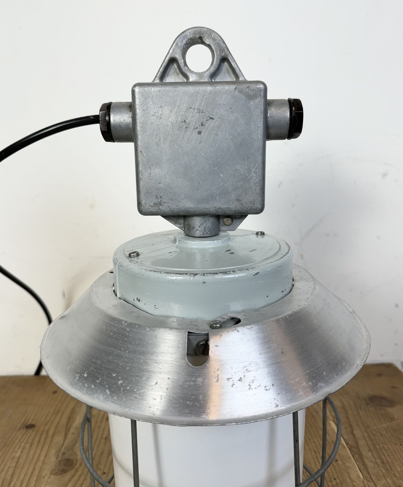 photo furniture Industrial Aluminium Cage Light With Milk Glass From Elektrosvit, 1970s, 30x