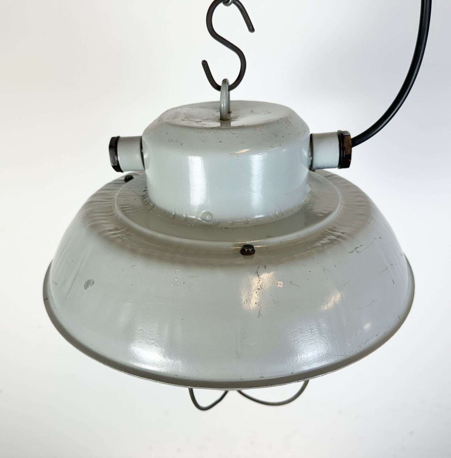 Grey Industrial Aluminium Cage Pendant Lamp With Frosted Glass, 1970s photo vintage