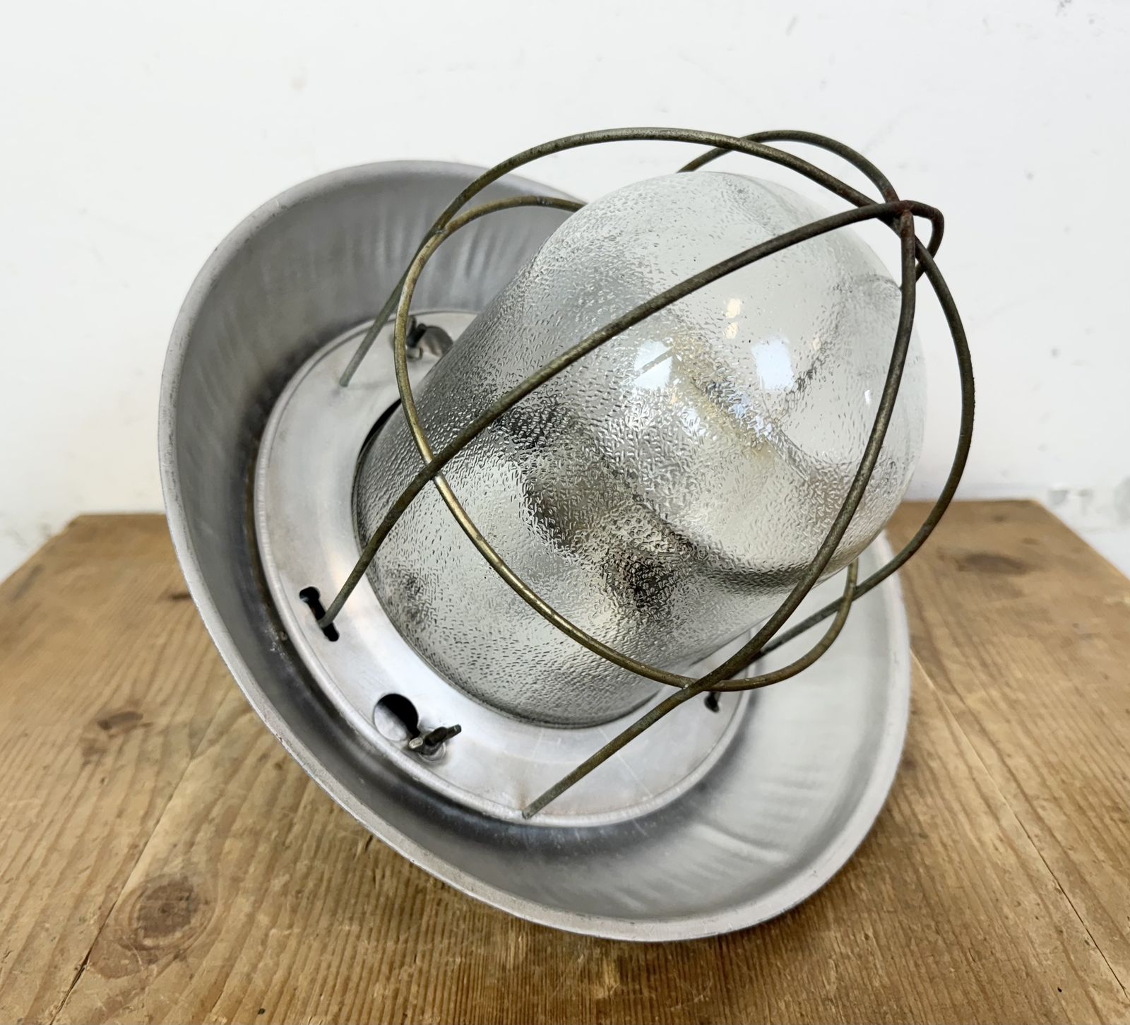 179.0 Grey Industrial Aluminium Cage Pendant Lamp With Frosted Glass, 1970s photo