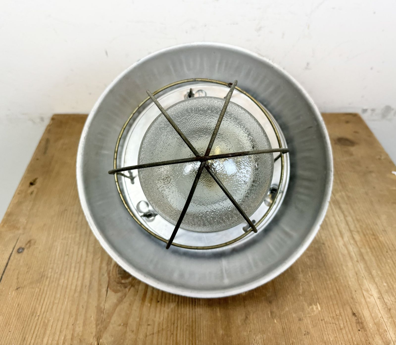 photo vinterior Grey Industrial Aluminium Cage Pendant Lamp With Frosted Glass, 1970s