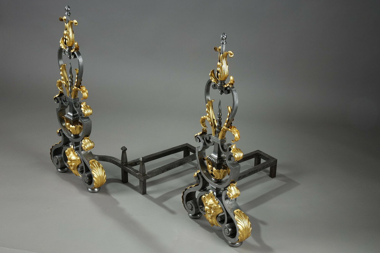 Pair Of Wrought Iron Landiers With Foliage, Mask And Scroll Decoration photo 4040.0