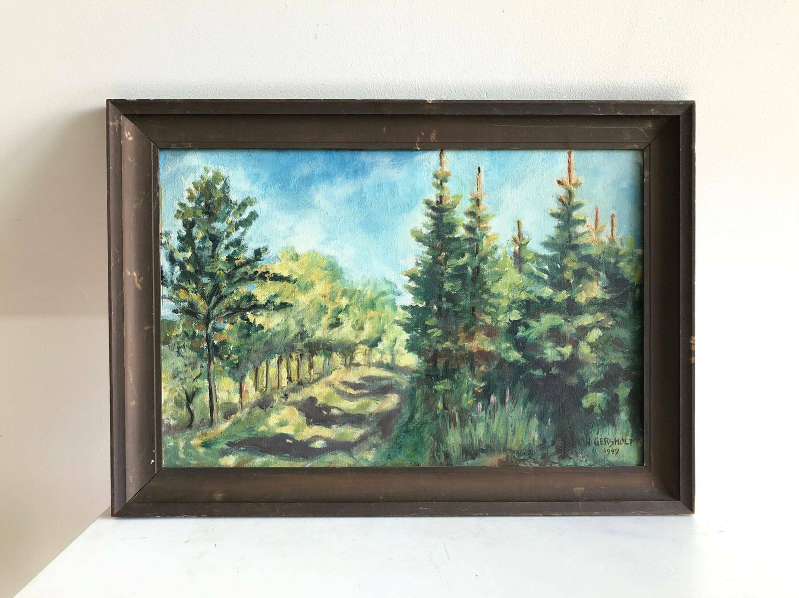 H. Gersholt Original Oil On Canvas Danish Painting From 1947 Of Forest With A Variety Of Trees