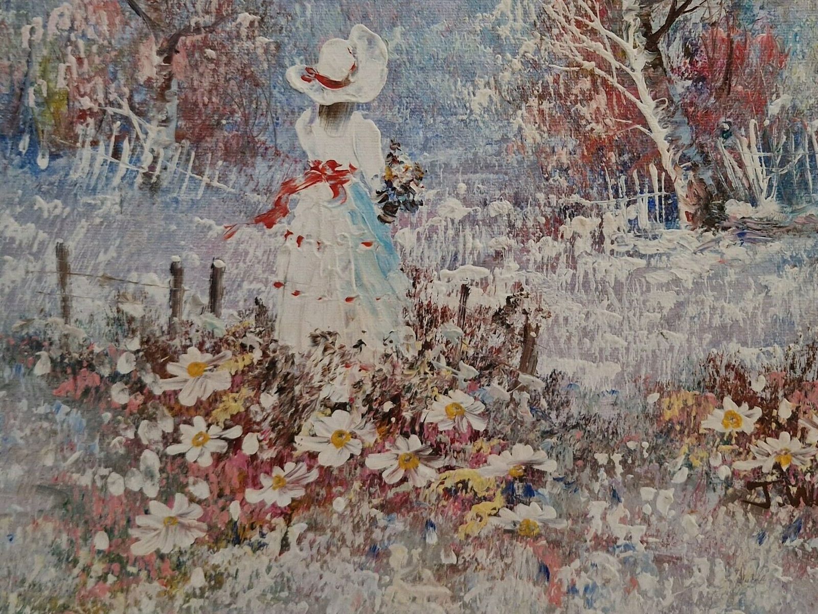 photo furniture Vintage Impressionist Lady Oil Painting, Victorian Woman In Romantic Country Landscape, Original Signed Wall Art