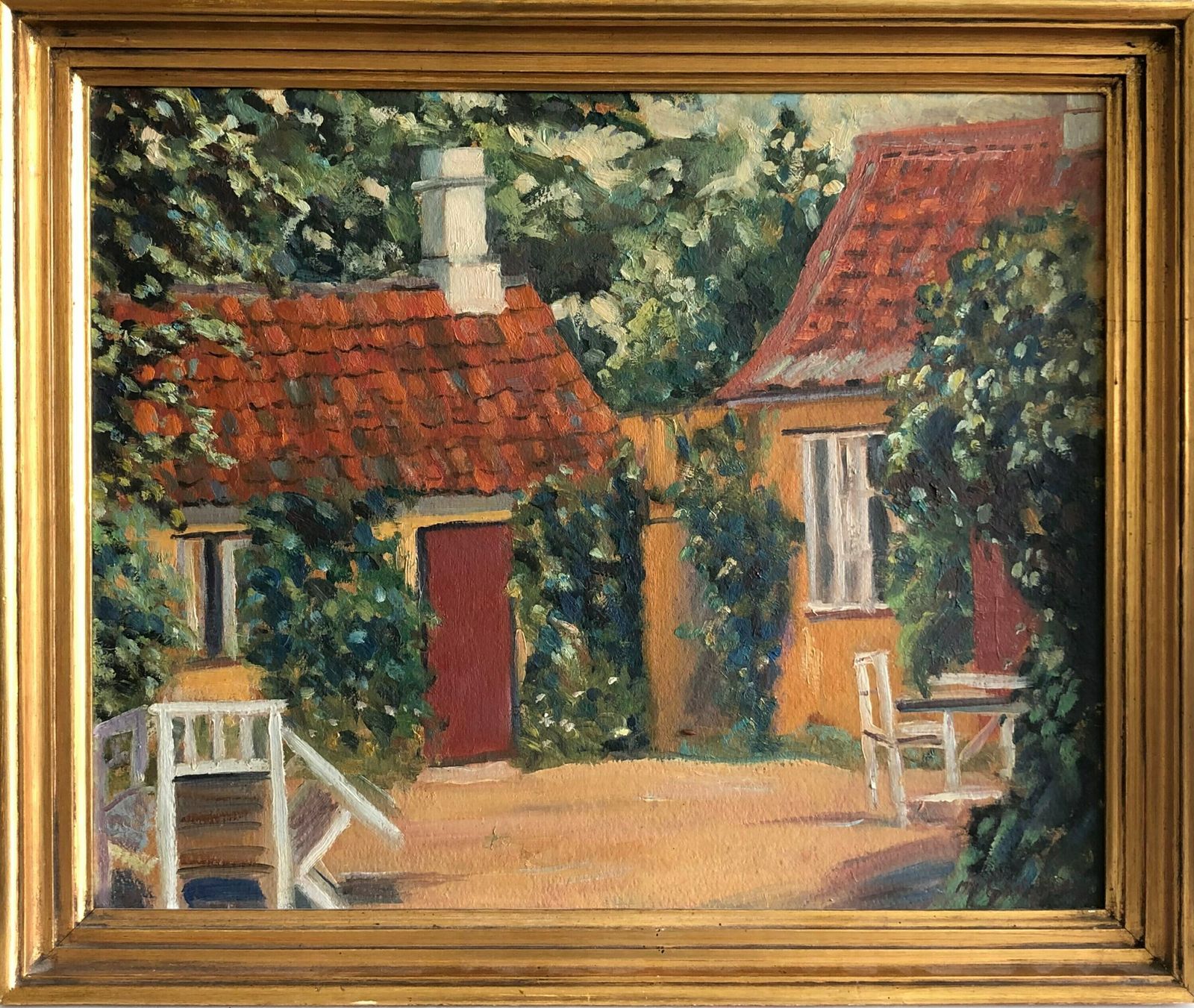 Original Oil Painting From Denmark With Motive Of Cozy Yellow House In Summertime photo for sale