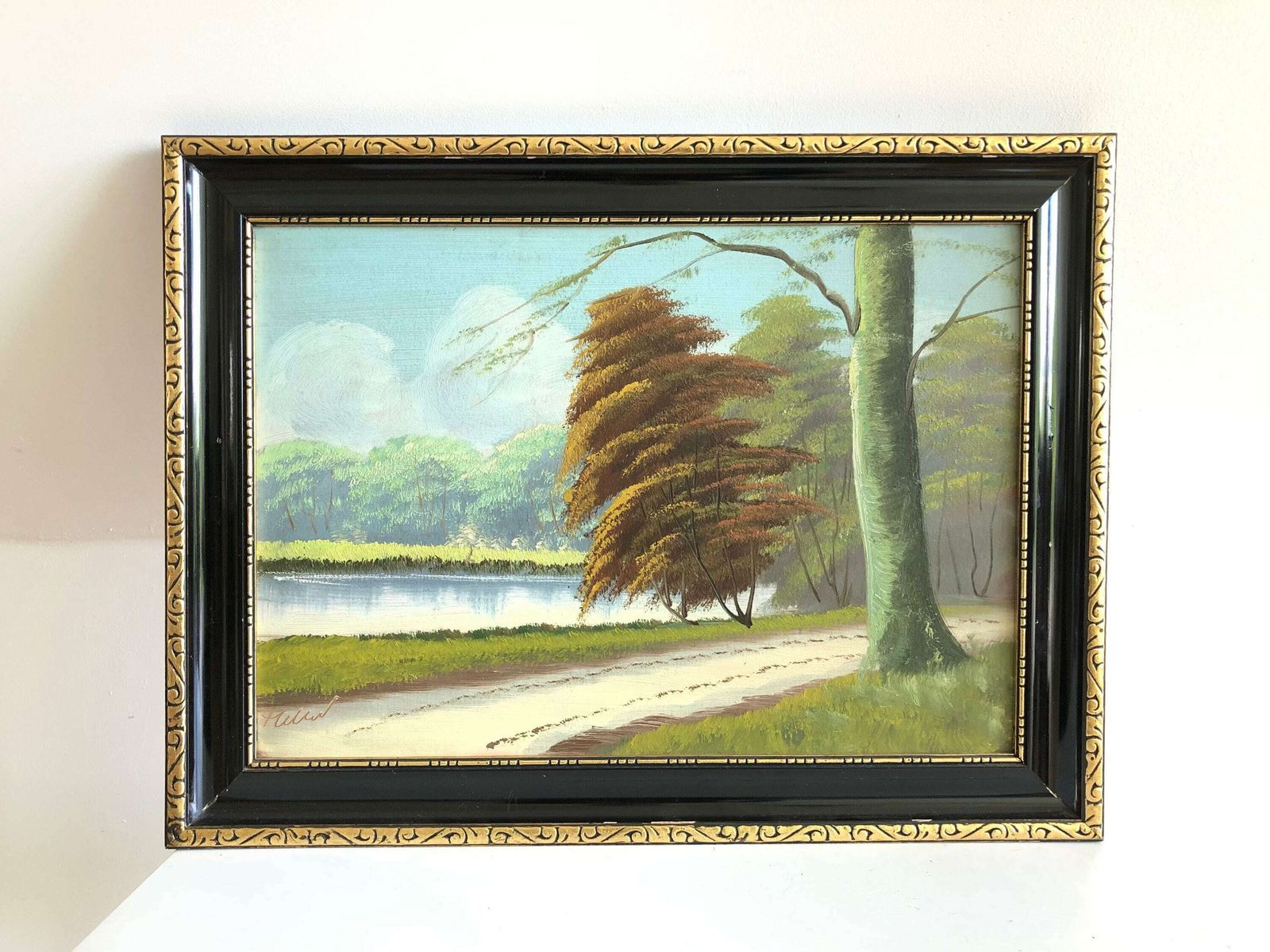 Danish Naturalist Landscape Painting In Beautiful Light With Motive Of Path At A Lake With Trees