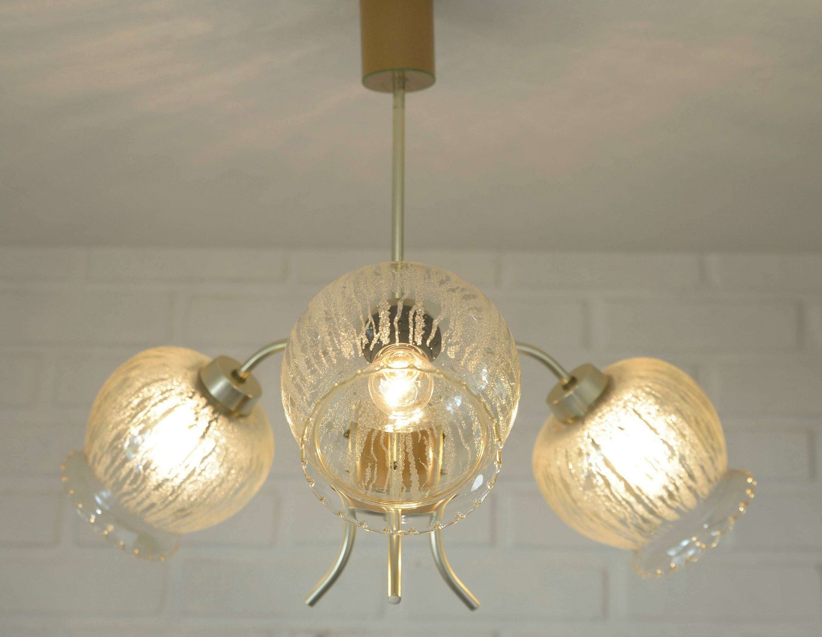 Vintage Pendant Light / Hanging Lamp / Gooseneck Chandelier / Mid Century Light Fixture / Yugoslavia 1960s / Amber Glass photo Lighting