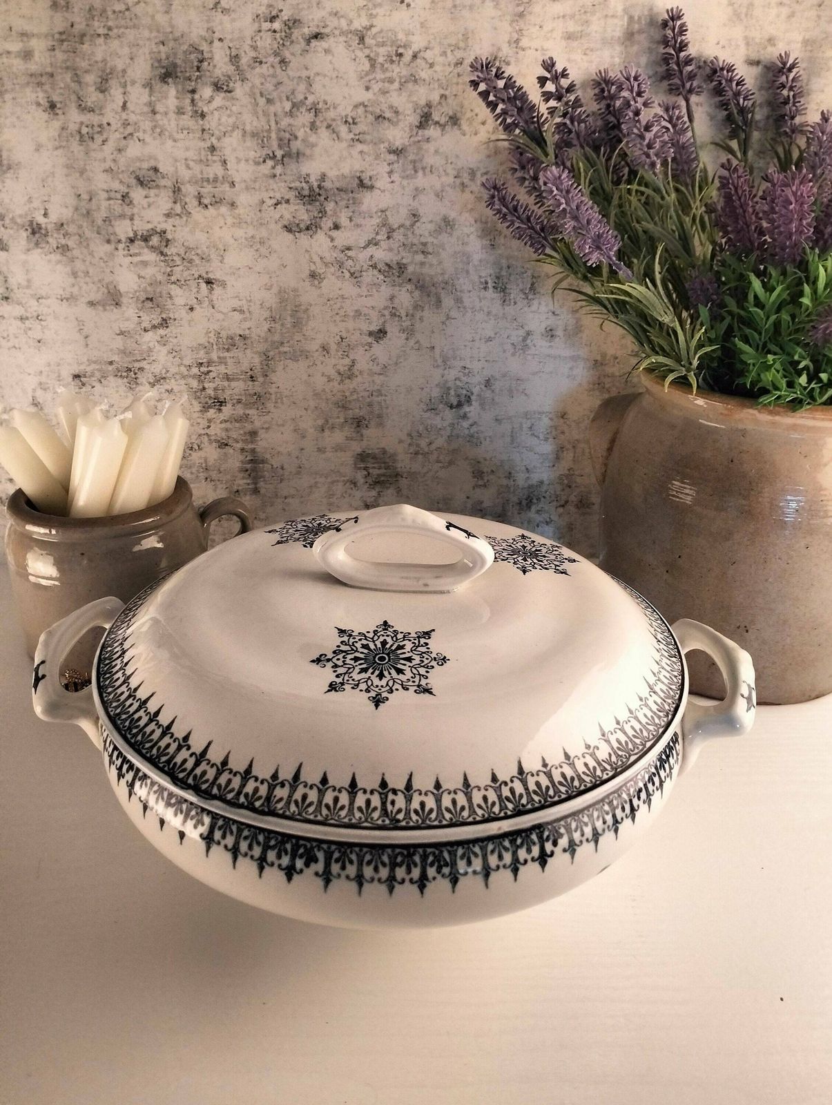 Antique French Earthenware Soup Tureen, Blue Floral Transferware Soupière, Lidded Serving Bowl, St Amand Porcelain