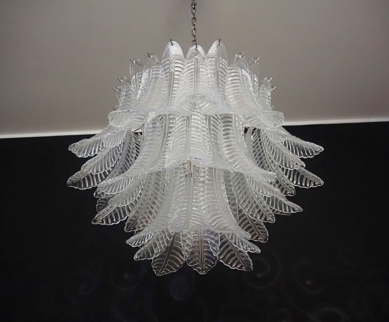 Italian Murano Three Tier  48 Transparent Felci Glass Chandelier photo for sale