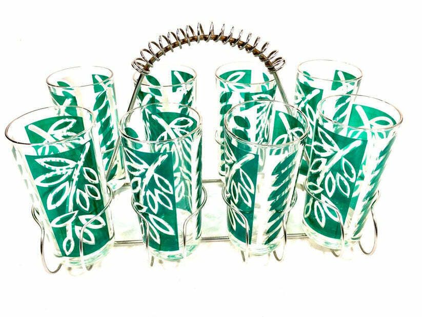 Vintage Mid 20th Century Green Glass Tumbler Drinking Set Chrome Carrier / Retro photo for sale