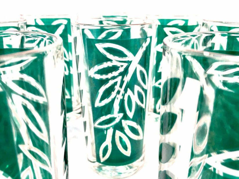 photo for sale Vintage Mid 20th Century Green Glass Tumbler Drinking Set Chrome Carrier / Retro
