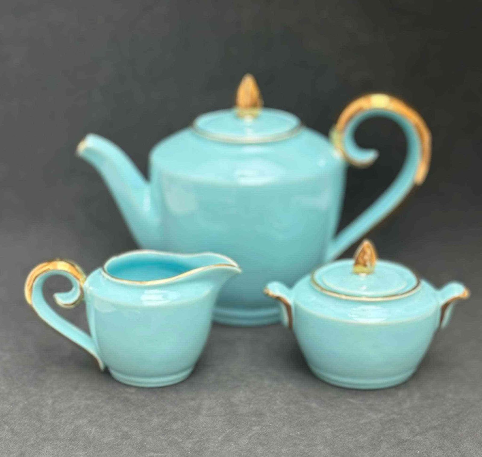 Aqua Coffee Tea Belgian Pottery Teapot Sugar Bowl Creamer Cups Turquoise And Gold 24 K 1920s Bayer Blue Green Tiffany Belgian Wedding Gift photo 191.0
