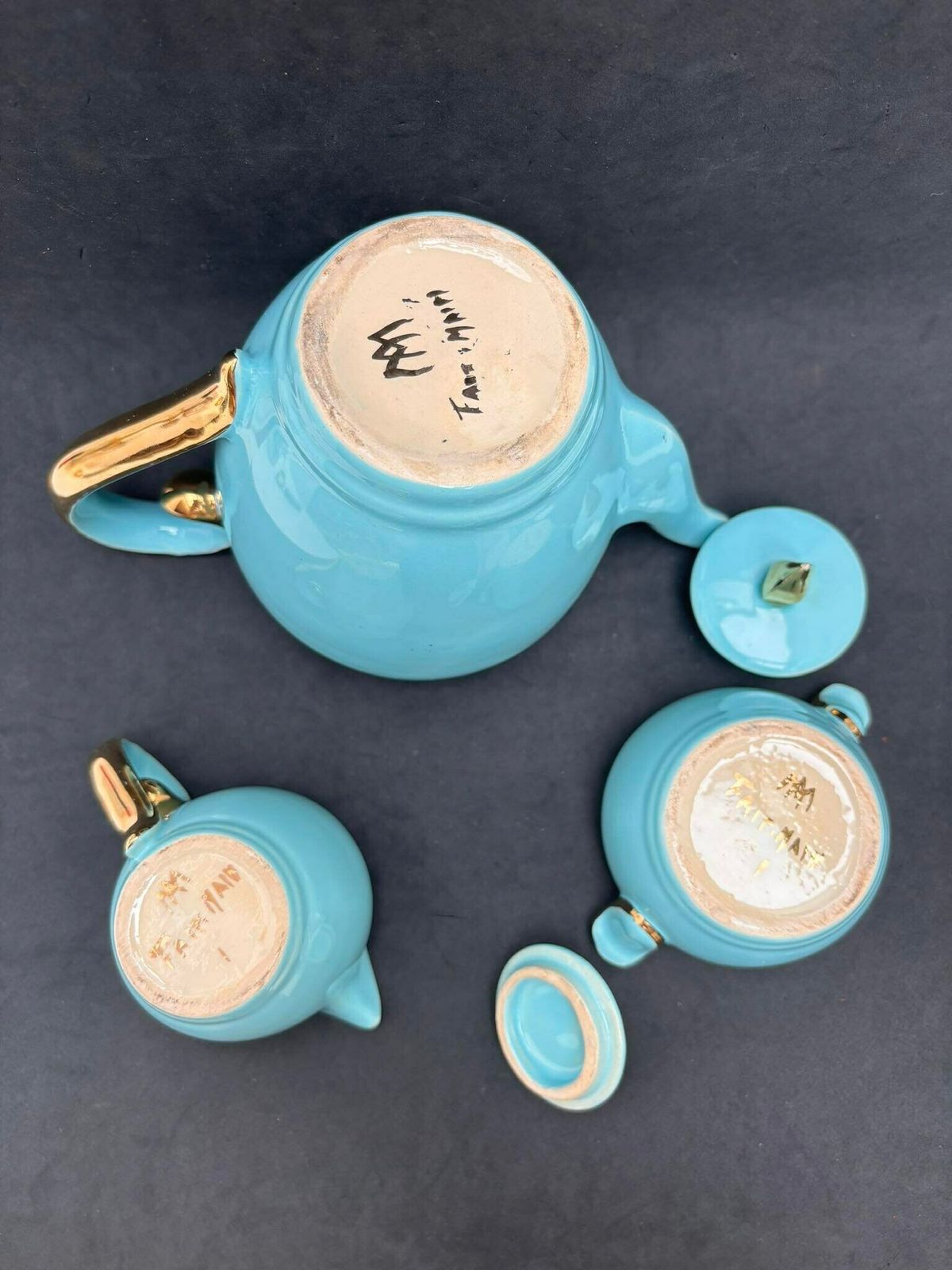 Aqua Coffee Tea Belgian Pottery Teapot Sugar Bowl Creamer Cups Turquoise And Gold 24 K 1920s Bayer Blue Green Tiffany Belgian Wedding Gift photo buy