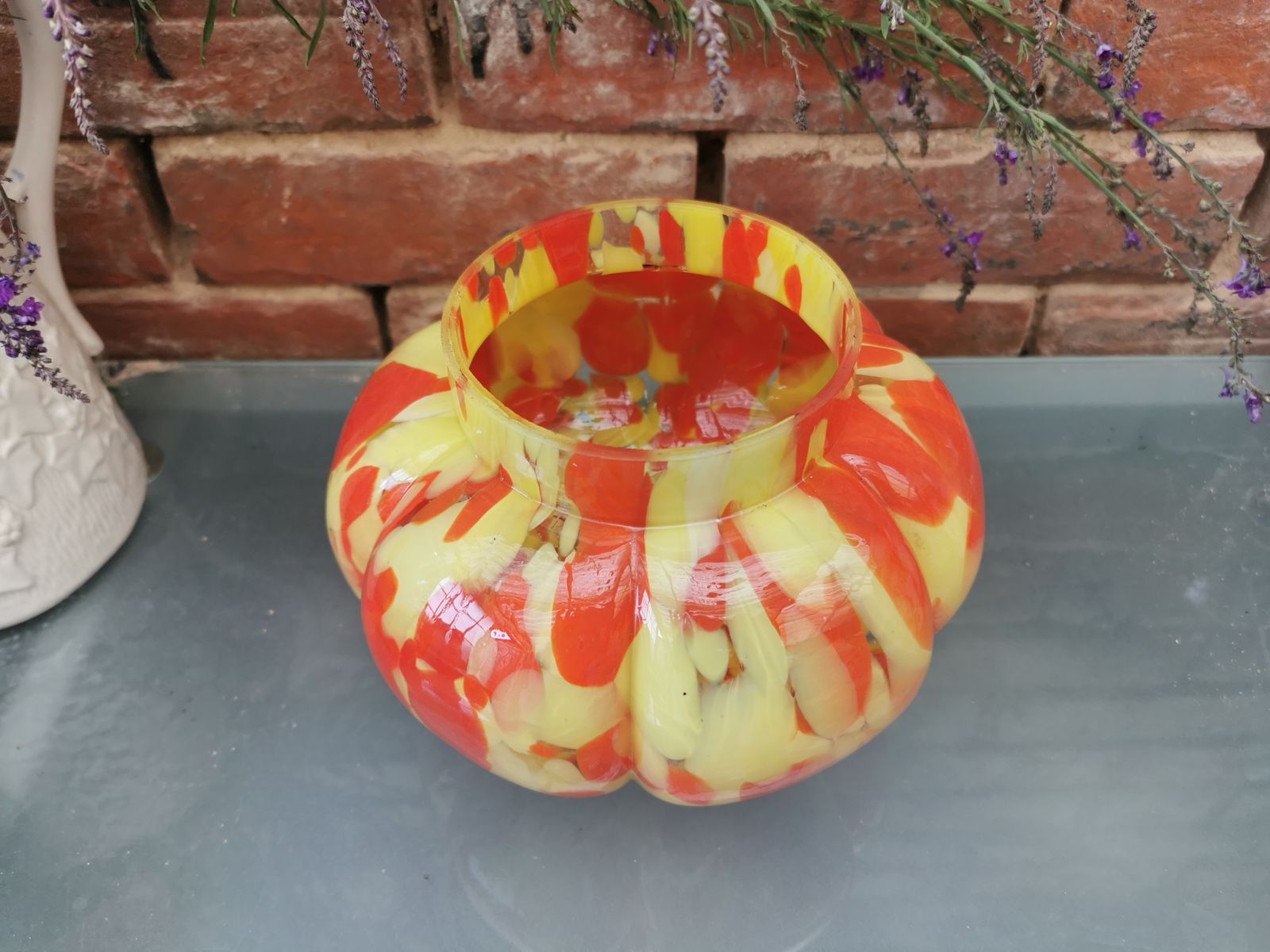 1930s Franz Welz Glass Bowl, Spatter Glass In Red And Yellow photo furniture