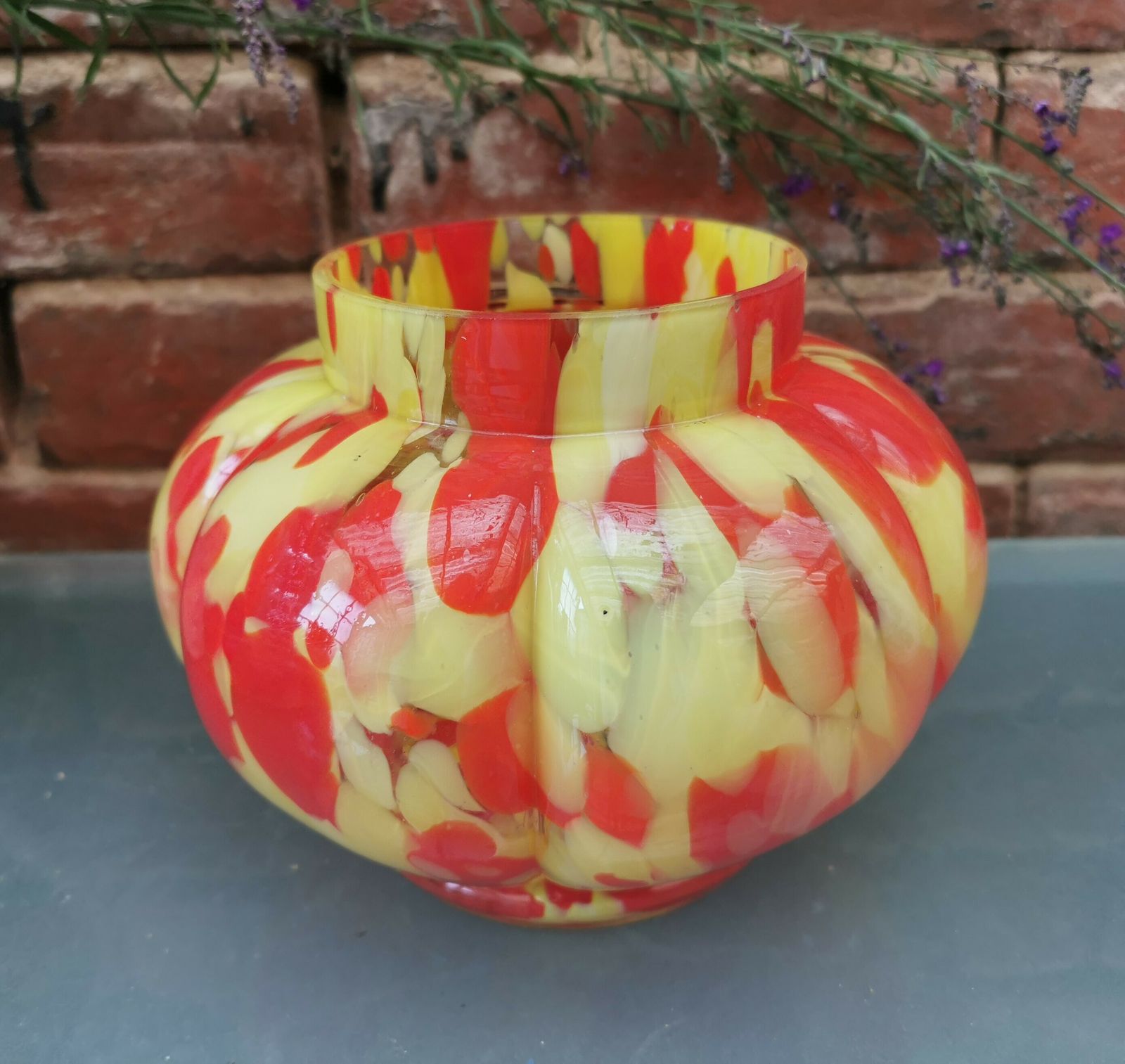 1930s Franz Welz Glass Bowl, Spatter Glass In Red And Yellow photo 55.0