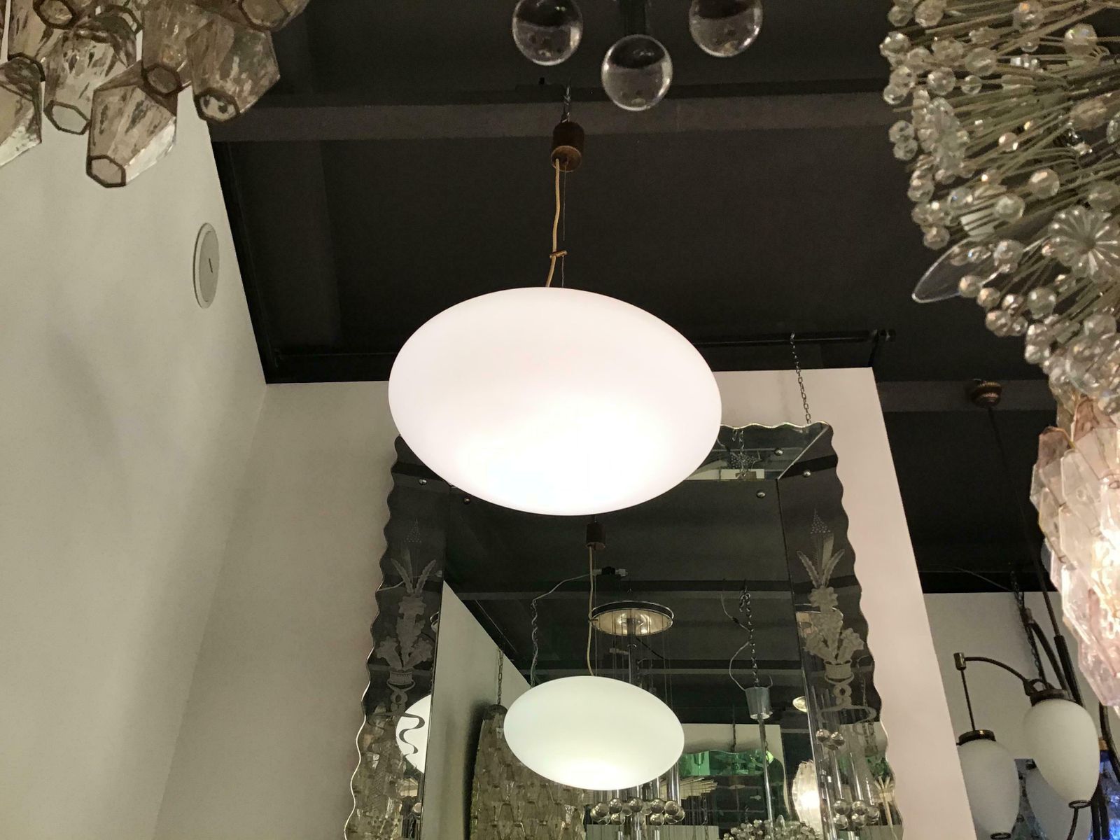 Stilnovo Couple Chandeliers Opaline Glass Brass, 1950, Italy photo Lighting