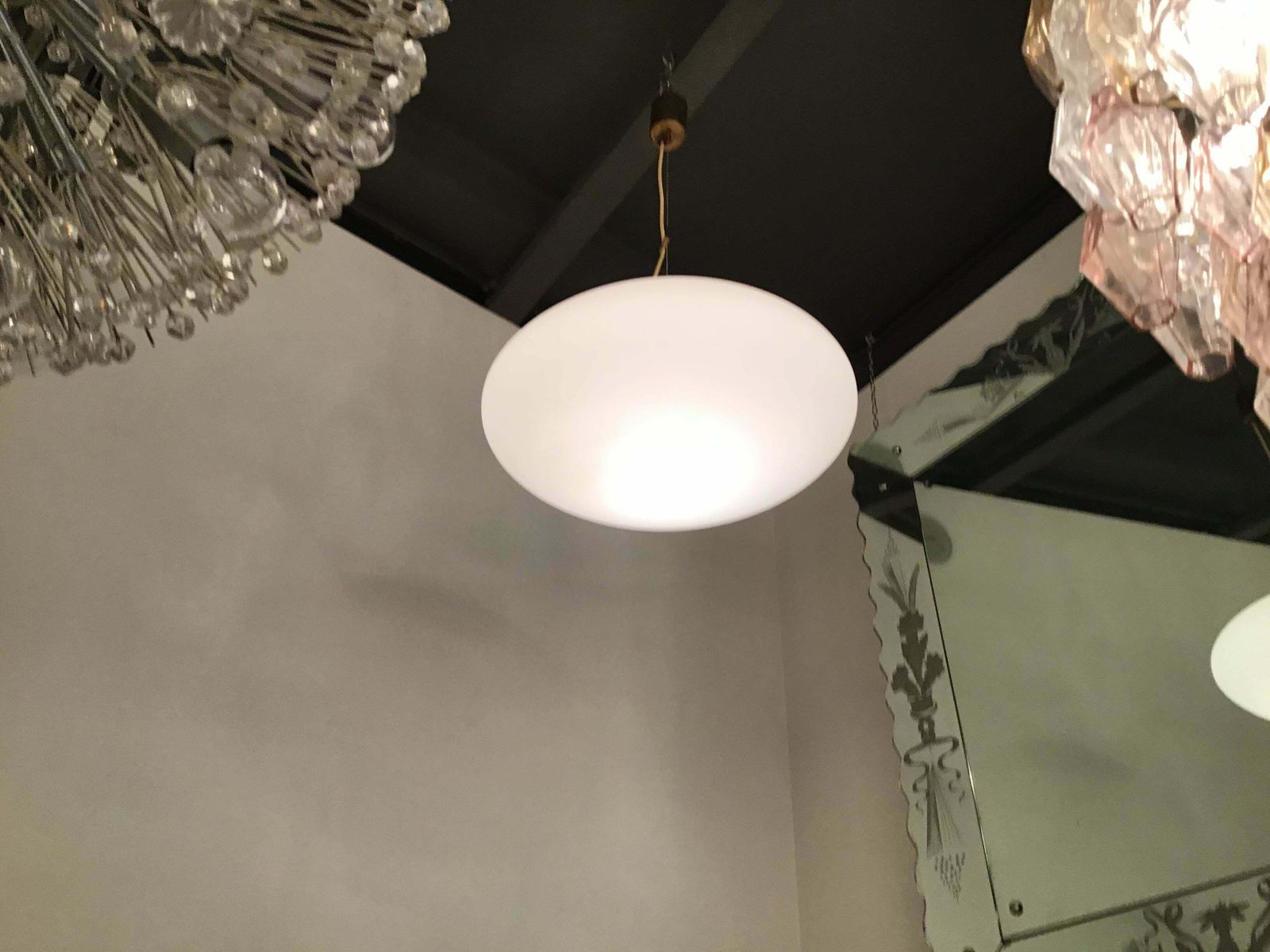 Stilnovo Couple Chandeliers Opaline Glass Brass, 1950, Italy photo vintage