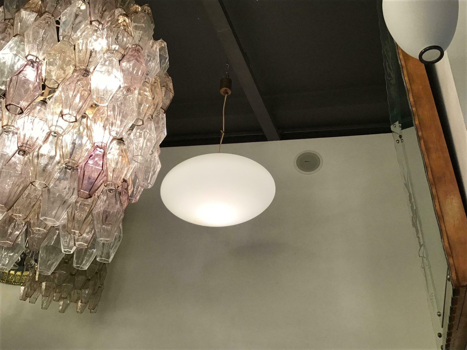 Lighting Stilnovo Couple Chandeliers Opaline Glass Brass, 1950, Italy photo
