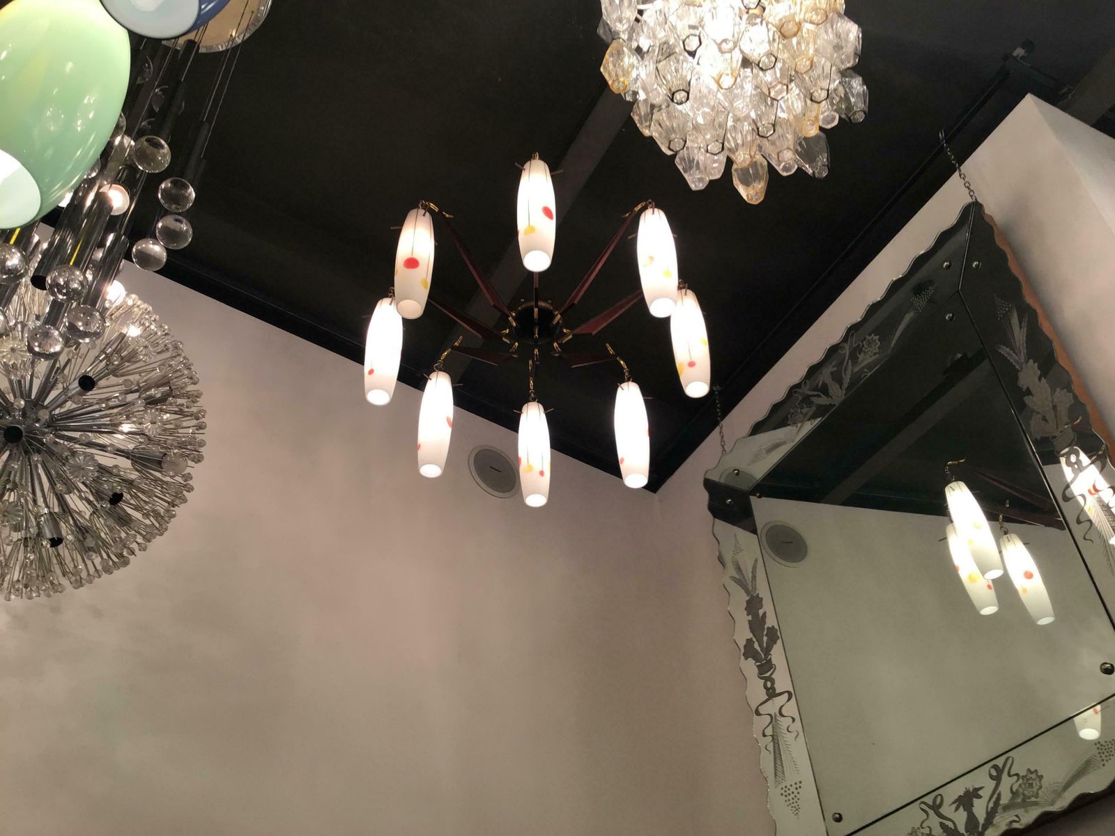 Stilnovo Chandelier Brass Wood Opaline Glass 1955 Italy photo buy