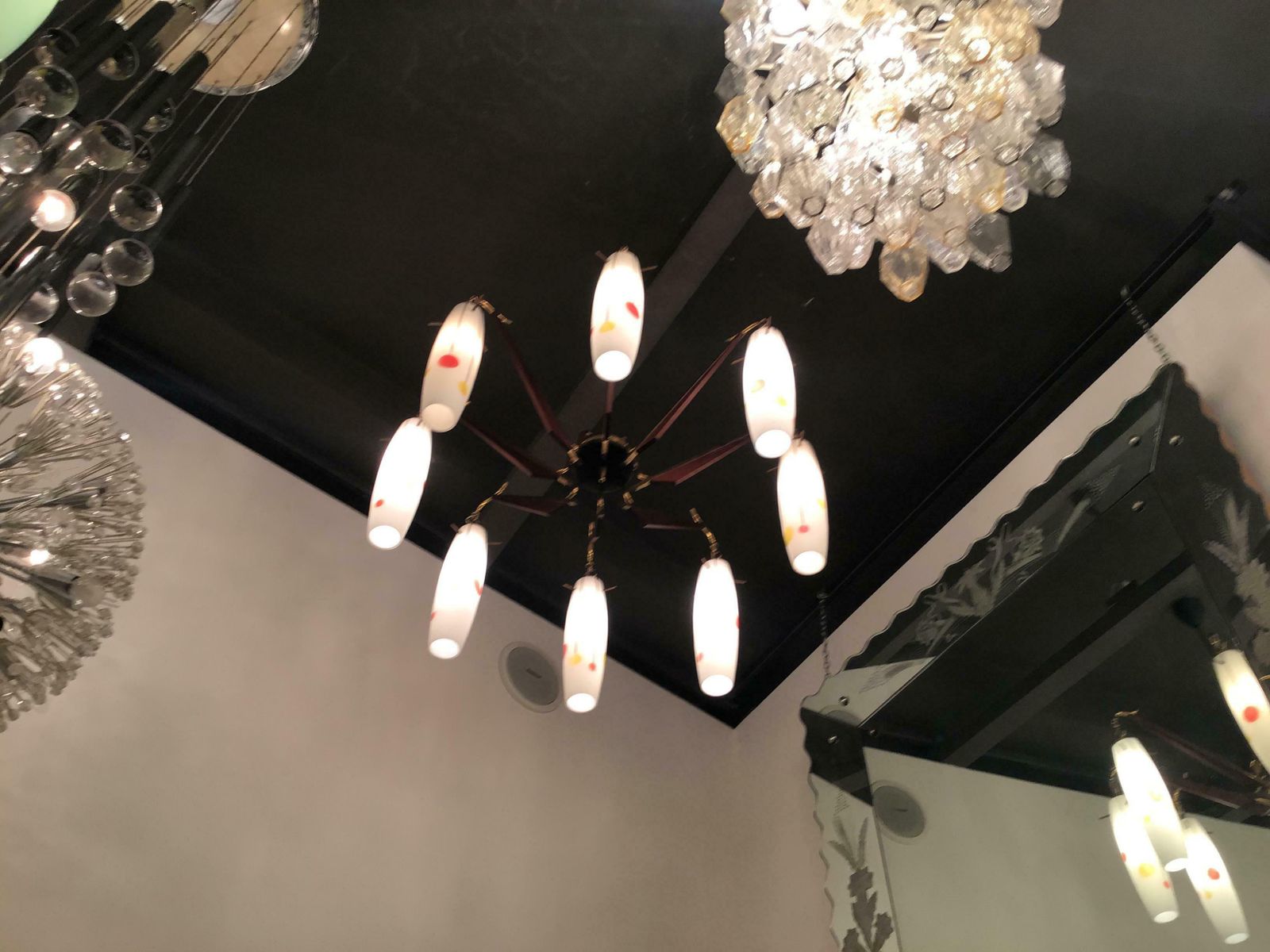 photo for sale Stilnovo Chandelier Brass Wood Opaline Glass 1955 Italy