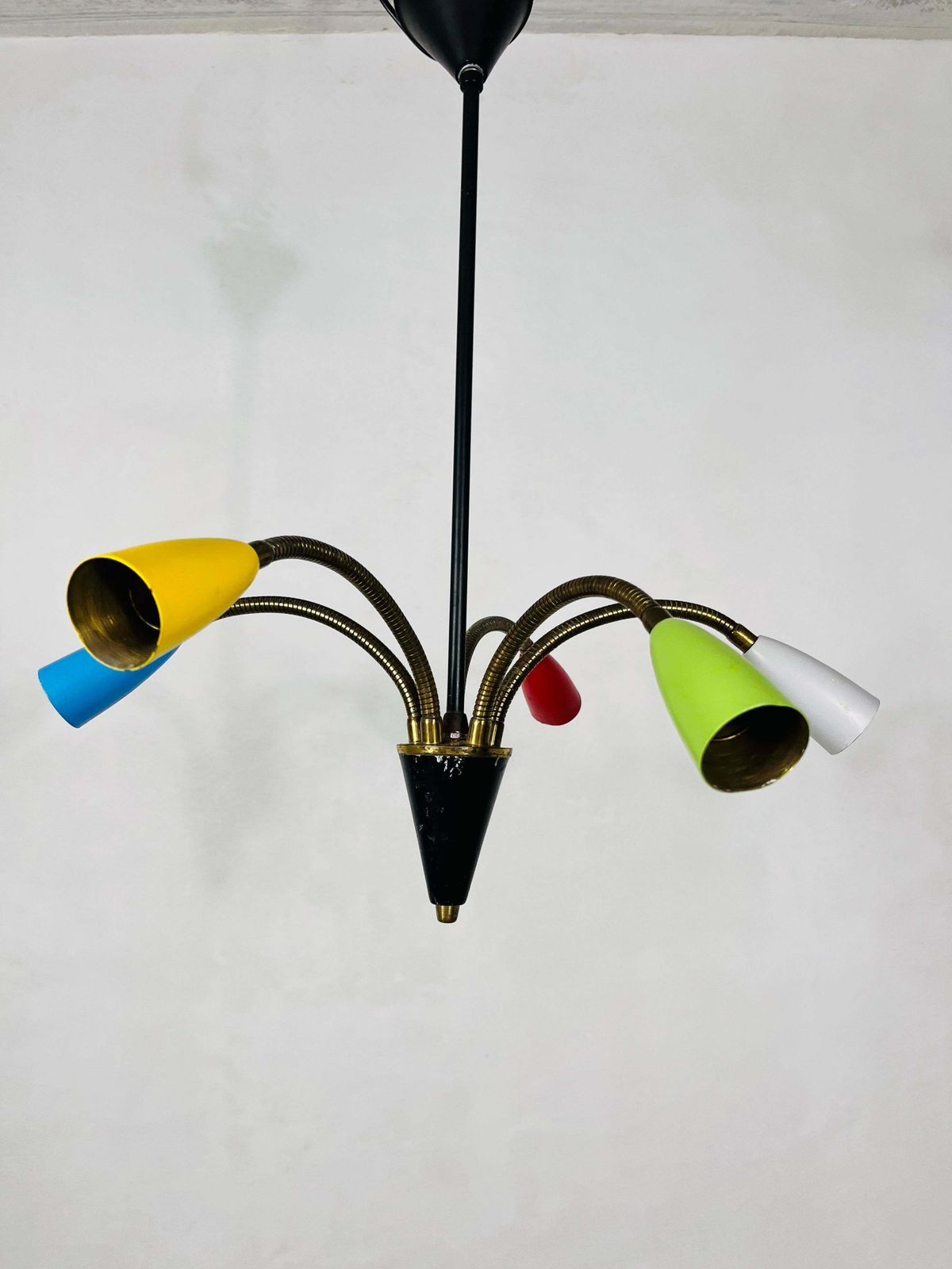 Colorful Mid Century Brass 5 Arm Sputnik Chandelier, 1950s photo 733.0