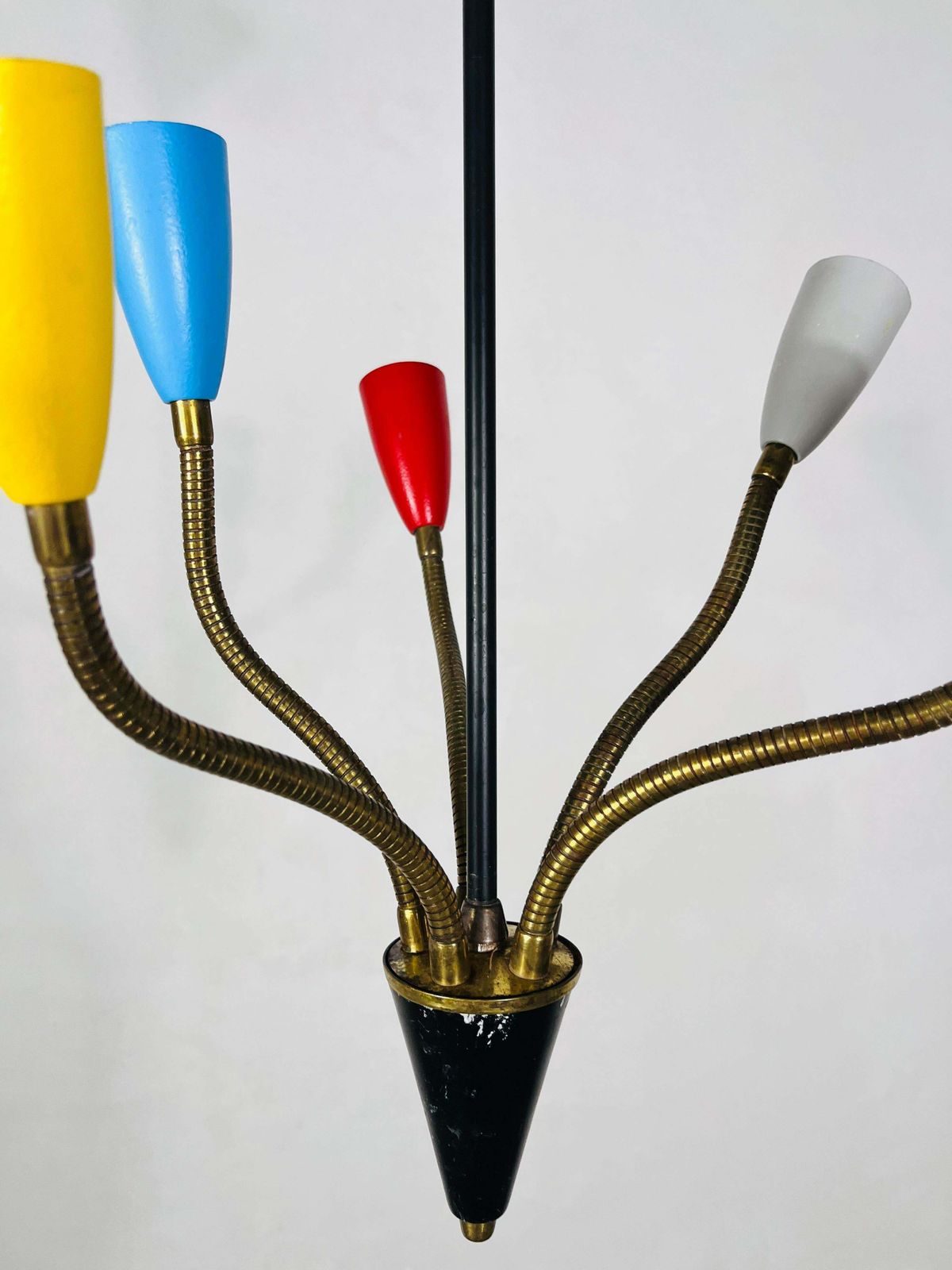 Colorful Mid Century Brass 5 Arm Sputnik Chandelier, 1950s photo vinterior