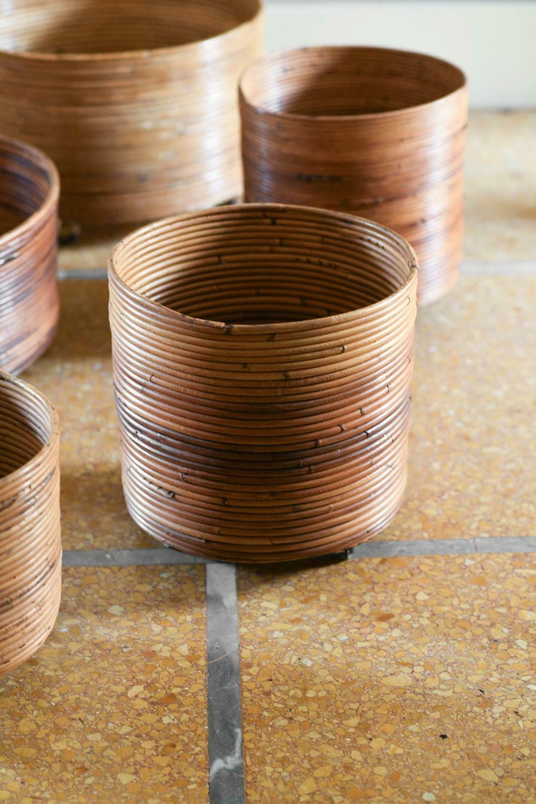 Set Of 5 Rattan Pot Holders With Wheels, Italy 1980 photo vinterior